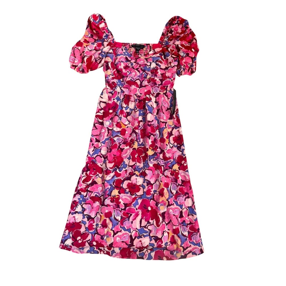 Maggy‎ London Women's Pink Floral Puff Sleeve Smocked Midi Dress Size 2 NWT